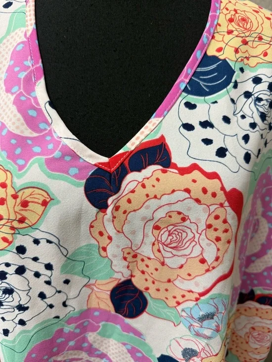 Entro Floral Blouse V Neck Boho Top Pink Blue Cream Large Spring Summer Chic - Picture 3 of 9